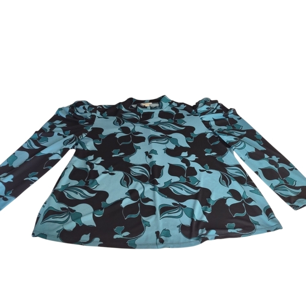 Cato Top Blouse Womens Teal Blue Black Floral Mock Neck Ruched Shoulder Sz 18/20 - Picture 8 of 10